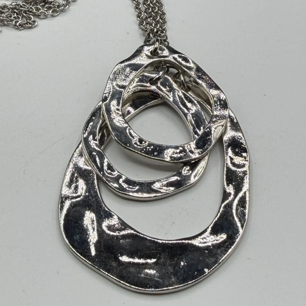 Silver Tone Hammered Triple Oval Pendant Necklace Multi Strand Boho Statement